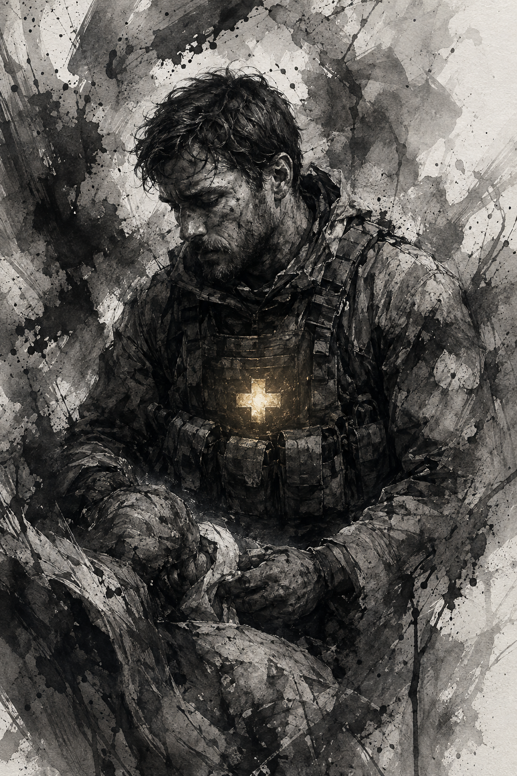 A combat medic tending to a wounded soldier, a golden cross glowing on his chest plate amid dark ink and shadow