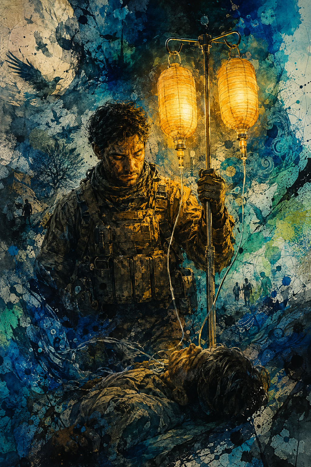 A soldier holding an IV pole where the bags glow like paper lanterns, standing over a fallen comrade at night
