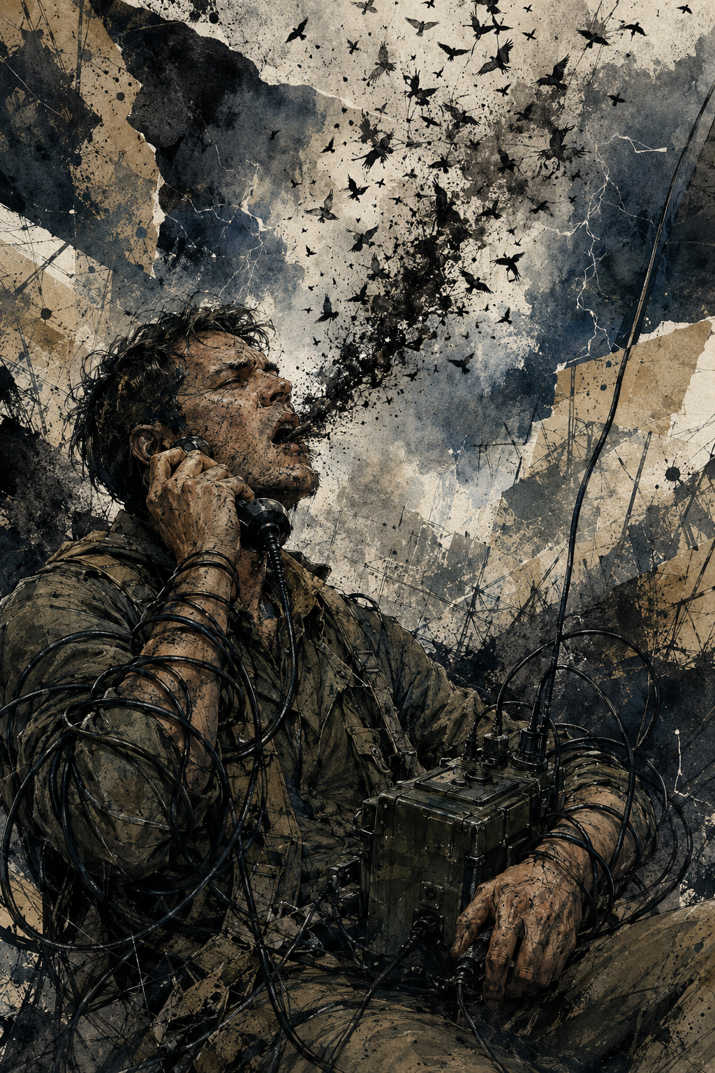 A soldier shouting into a radio handset, birds pouring from his mouth into the sky, tangled in cords and wire