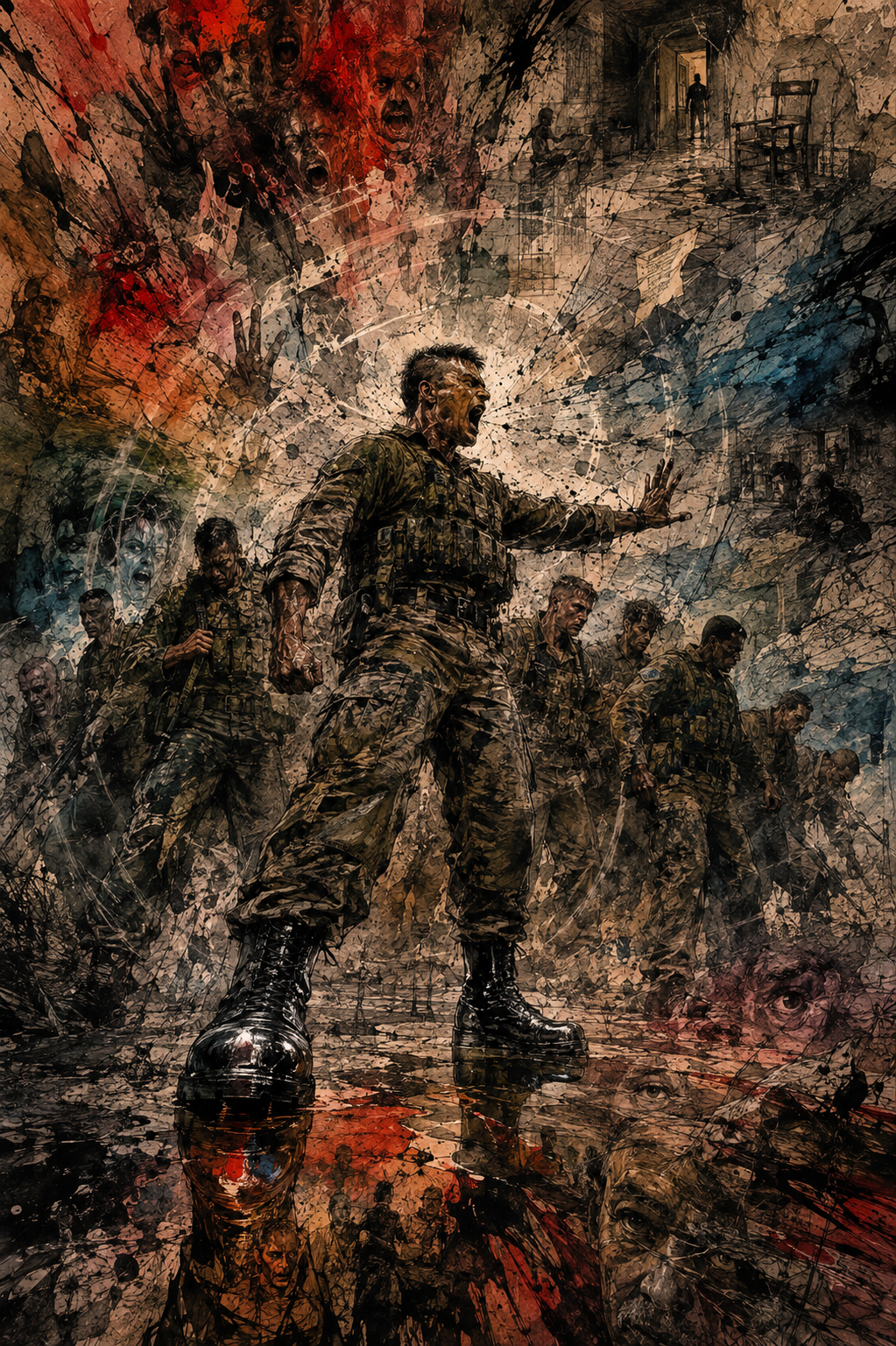 A sergeant shouting and leading soldiers forward through smoke, faces of others visible in the haze behind him