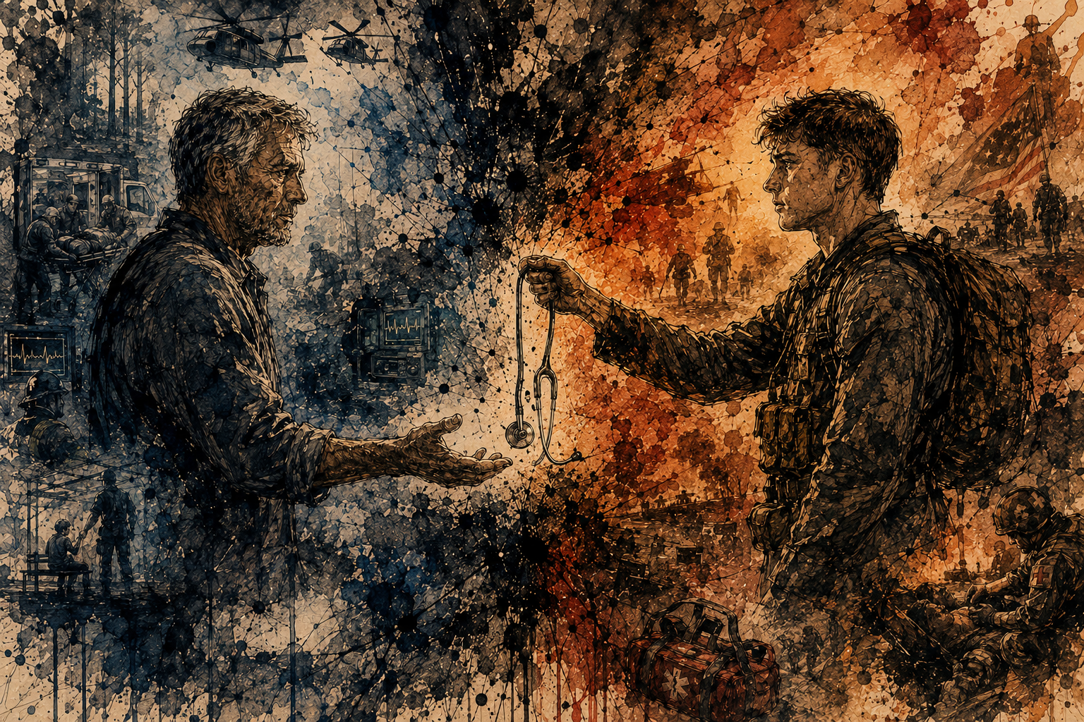A civilian paramedic and a young combat medic reaching toward each other across a divide, passing a stethoscope between two worlds