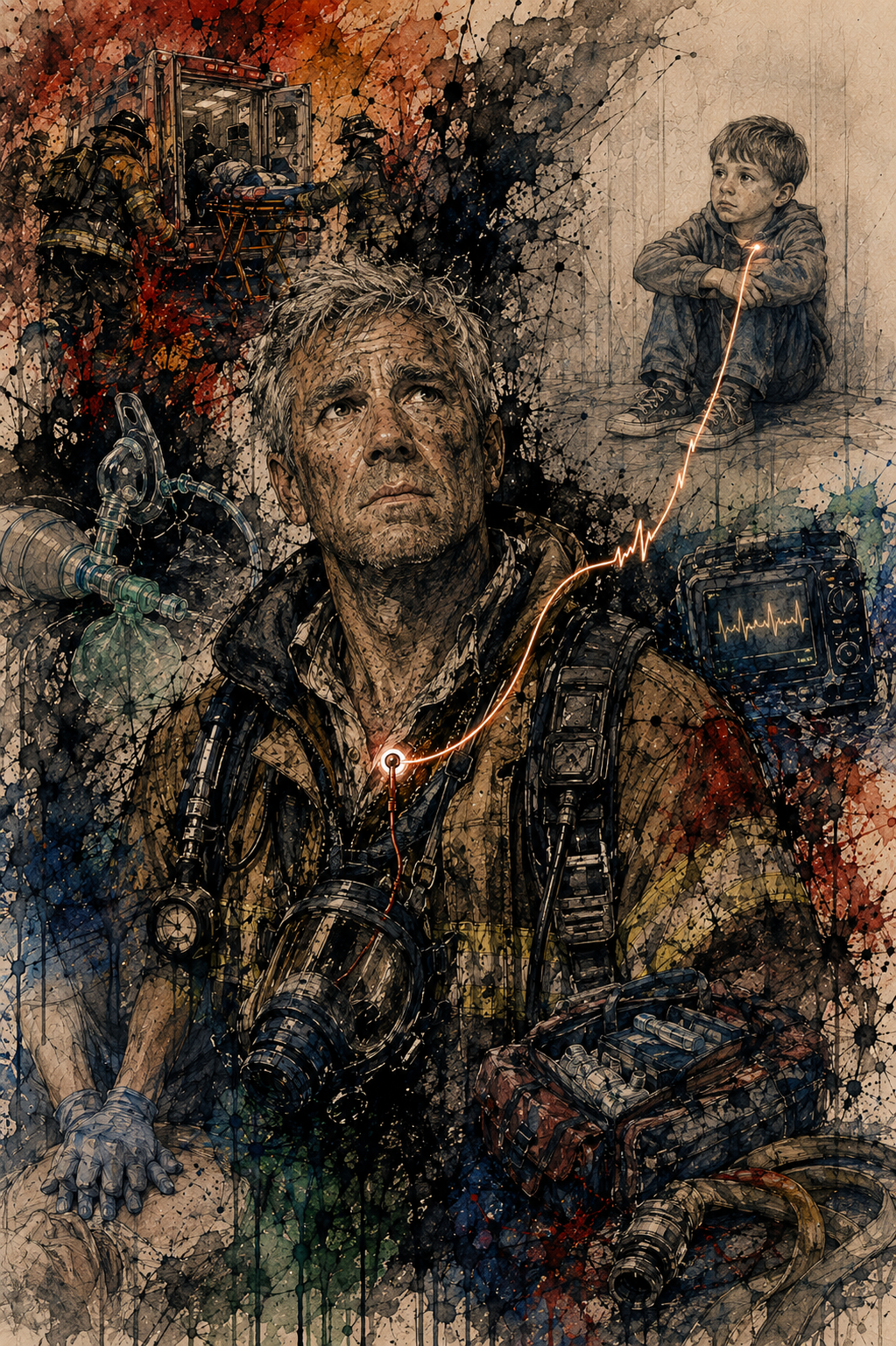 An older firefighter on oxygen, a glowing line running from his chest to a boy sitting alone on a rooftop edge in the background