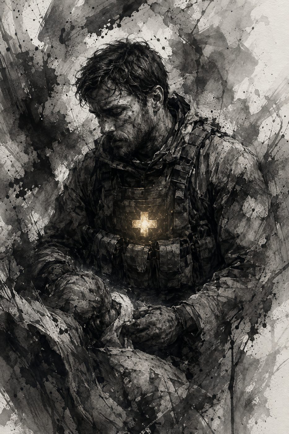 A combat medic tending to a wounded soldier, a golden cross glowing on his chest plate amid dark ink and shadow