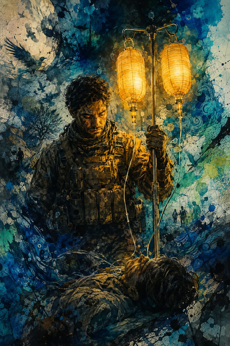 A soldier holding an IV pole where the bags glow like paper lanterns, standing over a fallen comrade at night