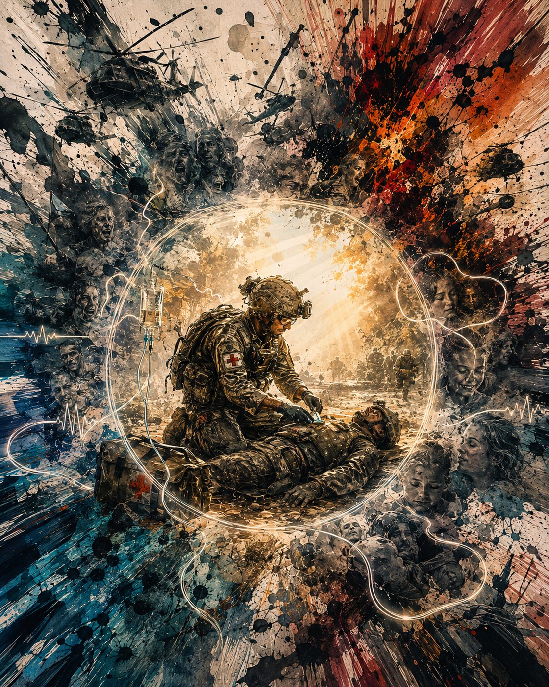 A medic tending to a fallen soldier inside a circular halo of light, surrounded by faces in the chaos outside it