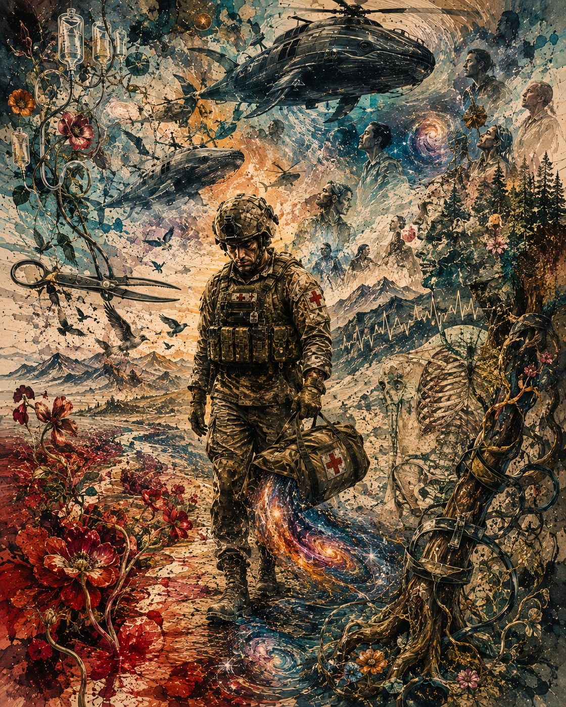 A soldier walking forward with an aid bag through colorful chaos, with anatomical sketches floating around him