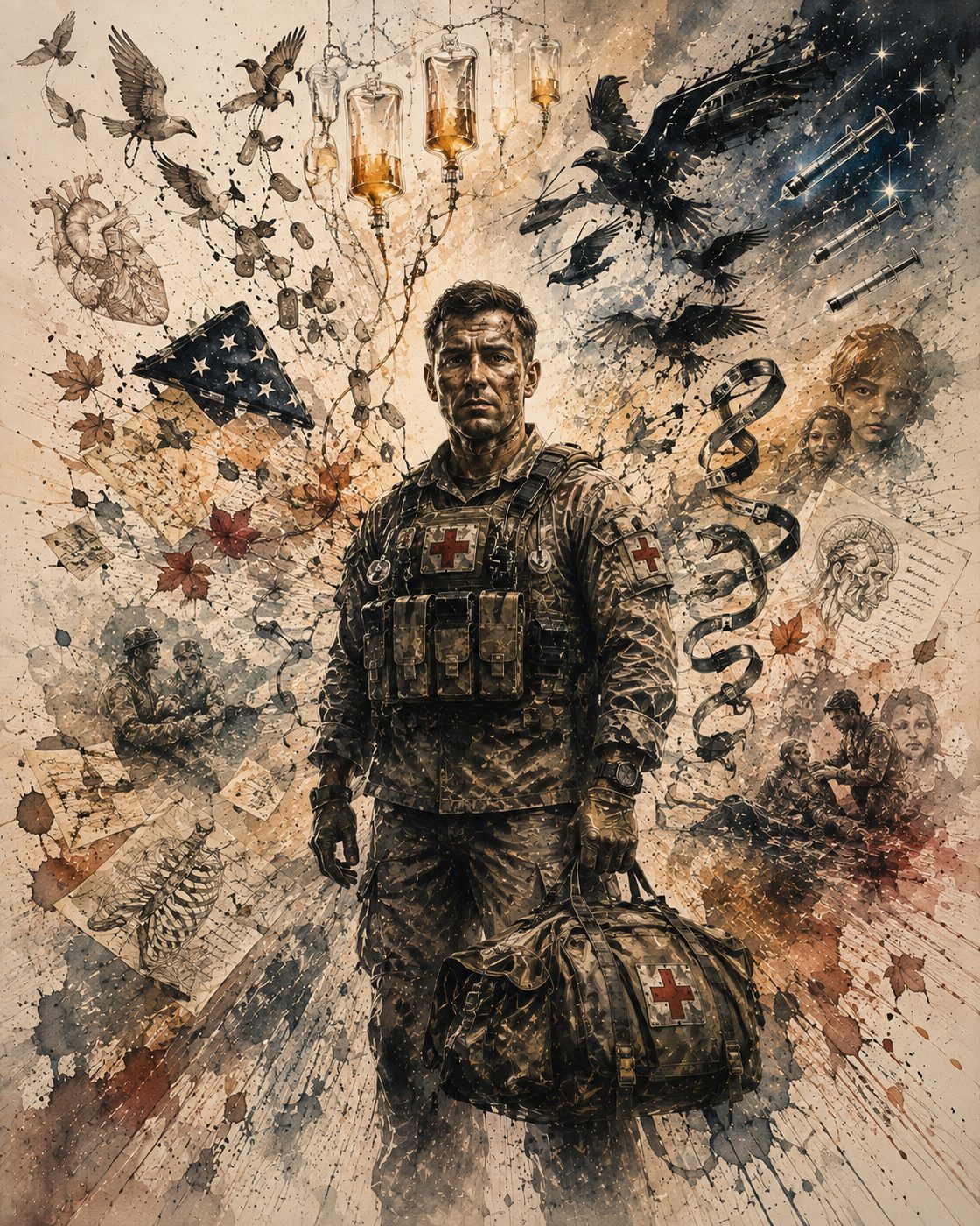 A medic standing with an aid bag, dog tags, an American flag, a caduceus, and children's faces above him