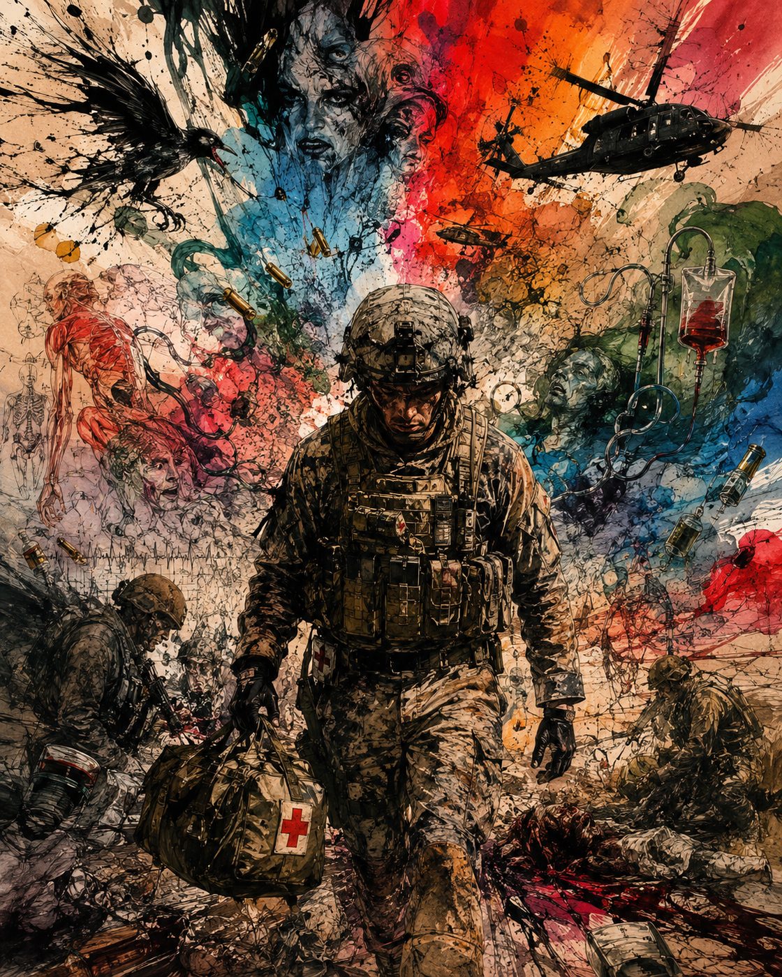 A medic checking a pulse on a patient, with a set of scales and other symbolic objects in the surrounding chaos
