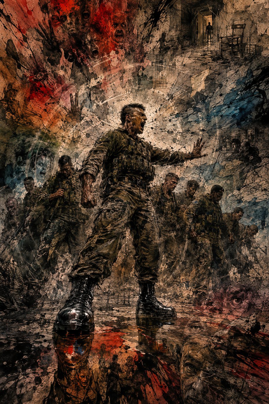 A sergeant shouting and leading soldiers forward through smoke, faces of others visible in the haze behind him