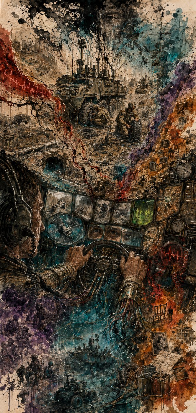 A vehicle driver at the wheel, surrounded by screens, mirrors, and doubled eyes reflecting everything happening around him